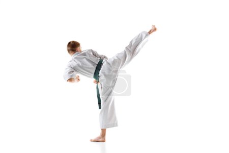 Athletic teenager showcasing precise taekwondo kick in traditional martial arts uniform isolated on white studio background. Concept of sport, martial arts, combat sport, healthy and active lifestyle