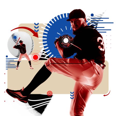 Téléchargez les photos : Images dynamiques de deux joueurs de baseball montrant la concentration pendant le jeu, debout avec une batte et un gant. Collage d'art contemporain. Concept de sport, jeu, mode de vie actif et sain, compétition - en image libre de droit