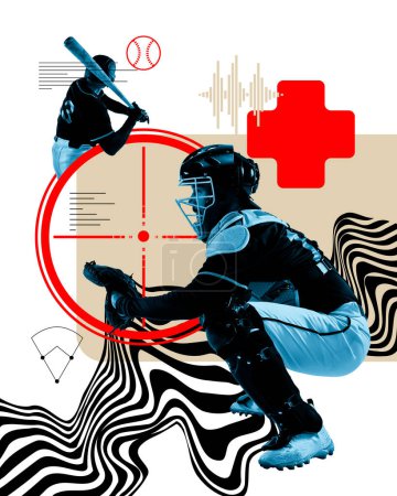 Photo for Baseball male player during match, playing with determination against light background with abstract elements. Contemporary art collage. Sport, game, active and healthy lifestyle, competition concept - Royalty Free Image