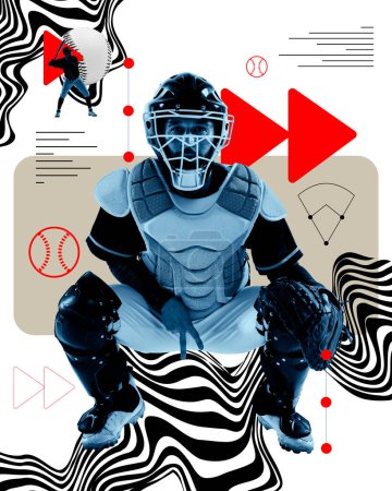 Photo for Man, baseball player in uniform and helmet sitting against light background with abstract elements. Contemporary art collage. Concept of sport, game, active and healthy lifestyle, competition - Royalty Free Image