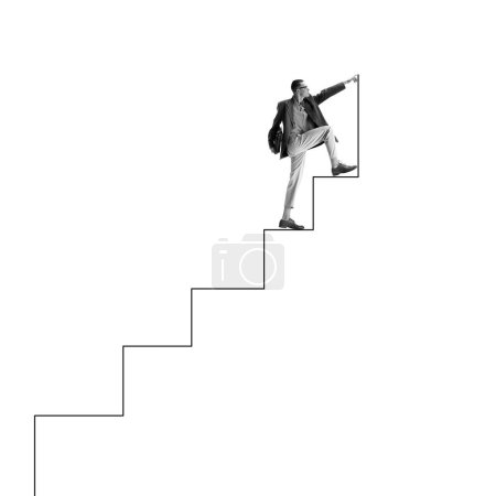 Foto de Young motivated man, employee walking upwards the stairs. Career growth and success in professional sphere. Contemporary art collage. Concept of business, entrepreneurship. Line art design. - Imagen libre de derechos