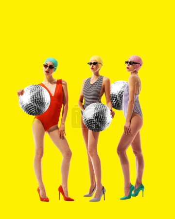 Foto de Three women in swimsuits and swim caps holding disco balls against bright yellow background. Contemporary art collage. Concept of summertime, surrealism, abstract creative design, pop art. Beach party - Imagen libre de derechos