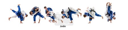 Collage. Dos hombres competitivos entrenando artes marciales de judo, luchando aislados sobre fondo blanco. Concepto de artes marciales, deporte, cultura japonesa, acción y movimiento