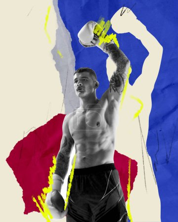 Photo for Champion. Muscular man, boxing athlete raising one hand upwards, showing victory. Abstract background. Contemporary art collage. Concept of sport, tournament, competition, active and healthy lifestyle - Royalty Free Image