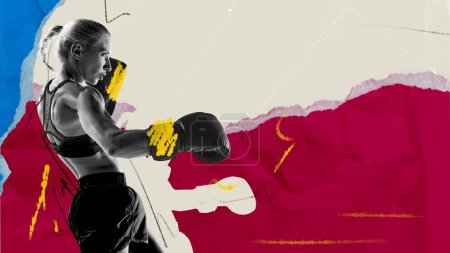 Photo for Focused and determined woman, boxing athlete in gloves showing s motivation to win. Abstract background. Contemporary artwork. Concept of sport, tournament, competition, active and healthy lifestyle - Royalty Free Image