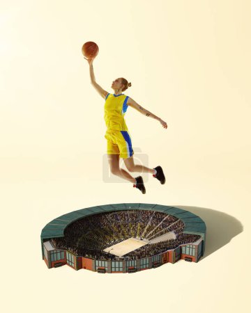 Dynamic image of young girl in yellow uniform with ball, basketball player during game above stadium. Creative collage. Concept of professional sport, competition, tournament, game. 3D render.