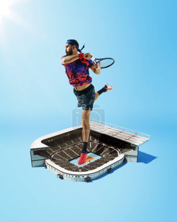 Dynamic image of competitive and focused man, tennis player in motion during game over small stadium. Creative collage. 3D render. Concept of professional sport, competition, tournament, game
