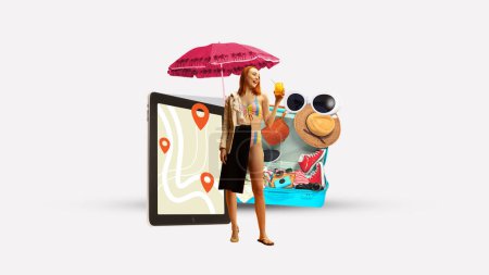 Téléchargez les photos : Happy smiling woman wearing formal attire and swimsuit dreaming about vacation. Tablet with map, suitcase on background. Contemporary art. Concept of business trip and vacation, summer, travelling - en image libre de droit