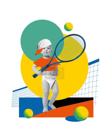 Téléchargez les photos : Bébé garçon en casquette tenant raquette de tennis et jouant sur un court abstrait sur fond clair avec des éléments colorés. Collage d'art contemporain. Concept de sport, génération future. Design créatif. - en image libre de droit