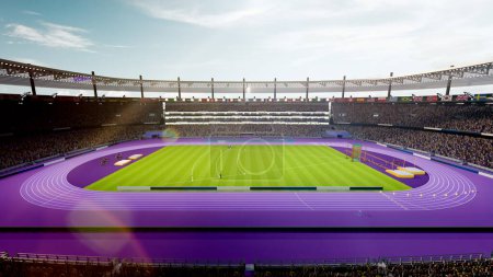 Photo for Sunlit open air stadium during sports event. Spectator areas and competition track and arena. 3D render. Concept of professional sport, event, tournament, game, championship - Royalty Free Image