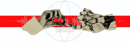 Human-Robot Collaboration. Interaction between human and robotic hand with pill. Contemporary art collage. Biology and mechanics. Concept of science, innovation, surrealism, modern technologies
