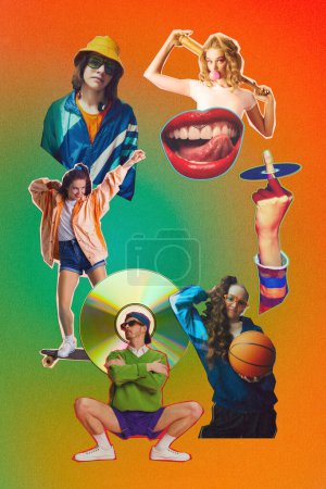 Music, party and sport. Beautiful young people in retro style clothes showing youthful vibe on gradient background. Creative collage. Concept of youth culture, y2k, fashion, 90s, generation z