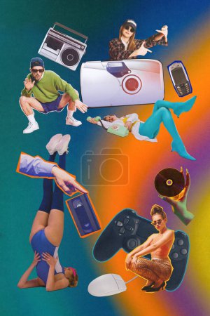 Era of digitalization and youthful vibes. Stylish young people showing spirit of 90s and early 2000s. Creative collage. Concept of youth culture, y2k, fashion, 90s, generation z