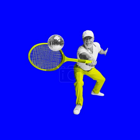 Positive smiling senior man playing tennis with disco ball against bright blue background. Hobby and leisure. Contemporary art collage. Concept of sport, surrealism, creative design, active lifestyle