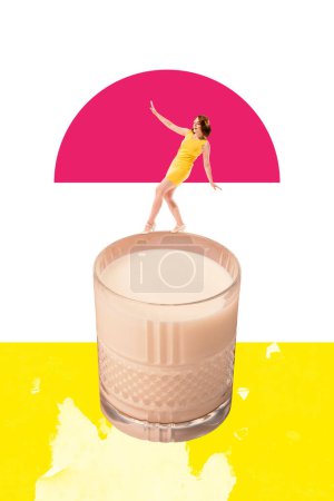Elegant young woman in yellow dress balancing on top of milk glass. Contemporary art collage. Summer fashion collection. Concept of pop art, food, retro style, creativity, surrealism.