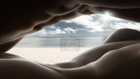 Sculptural Horizon. Human body as landscape, framing serene beach scene through natural curves and contours of the body. Concept of body aesthetics, nature and beauty of human. Collage