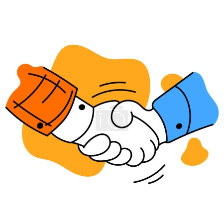 Illustration for Make a deal. Vector illustration with hand shake over white yellow background. Business, finance, minimalism, team, managment and target, partnership. Help, support and assistance - Royalty Free Image
