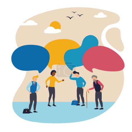 Illustration for Vector illustration with group of different ages people thinking, talking. Concept of business, communication, social problem solving, innovative business approach, brainstorming. Copy space for ad - Royalty Free Image