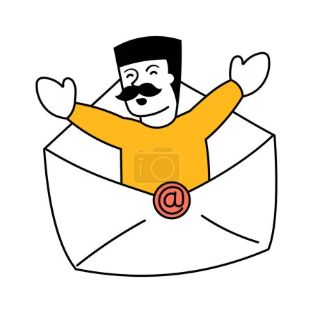 Illustration for Vector illustration. Art design with employee, businessman appearing from mail symbolizing professional online communication and cooperation. Concept of business, career develpment, growth - Royalty Free Image