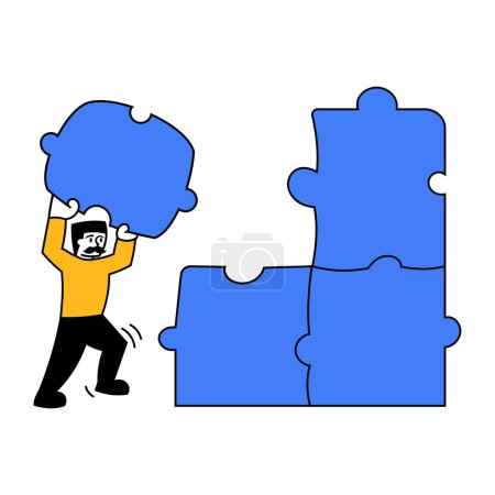 Illustration for Vector illustration. Manager connecting puzzles to create profitable business strategy. Company growth. Art design. Concept of business, career development, innovative business approach, brainstorming - Royalty Free Image