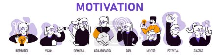 Illustration for Vector illustration. Set of icons for motivation strategies, stages. Growing professional ambitions. Business, career development, success, growth, innovative business approach, brainstorming concept - Royalty Free Image