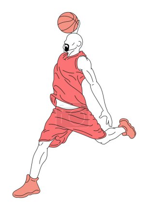 Ilustración de Ilustración vectorial con baloncesto masculino jugando running, lanzando pelota en movimiento sobre fondo blanco. Concepto de deporte, juego de equipo, éxito, competencia, acción, movimiento. Art. - Imagen libre de derechos