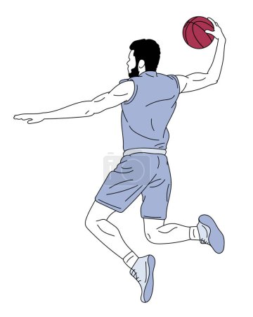 Illustration for Side view image of male basketball playing in motion, jumping and throwing ball in jump over white background. Vector illustration. Concept of sport, team game, success, competition, action, motion - Royalty Free Image
