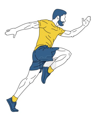 Ilustración de Hombre musculoso, atleta corriendo, entrenando sobre fondo blanco. Ilustración vectorial. Arte a color. Concepto de deporte, salud, movimiento y acción, resistencia, competencia - Imagen libre de derechos
