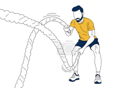 Illustration for Silhouette of man training with sports equipments isolated over white background. Full-body workout. Vector illustration. Concept of sport, fitness, health, action and motion, lifestyle. Art - Royalty Free Image