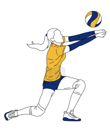 Deportista, jugadora de voleibol en movimiento, pateando pelota sobre fondo blanco. Ilustración vectorial. Hobby. Concepto de deporte, juego en equipo, éxito, competición, acción y movimiento. Art.