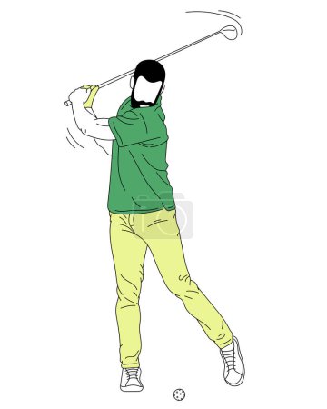 Illustration for Vector illustration. Man playing golf over white background. Hitting ball. Active game. Concept of sport, hobby, action and motion, lifestyle, game. Ad - Royalty Free Image