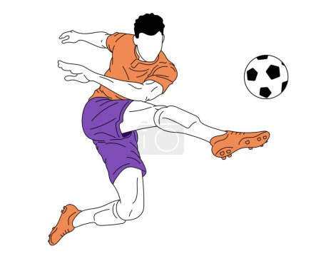 Vector illustration with male football, soccer player training, playing isolated over white background. Kicking ball in a jump. Concept of sport, team game, success, competition, action, motion