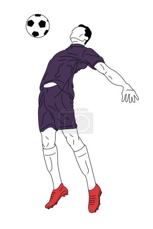 Illustration for Vector illustration. Male football, soccer player training, playing isolated over white background. Jumping, kicking ball with chest. Concept of sport, team game, success, competition, action, motion - Royalty Free Image