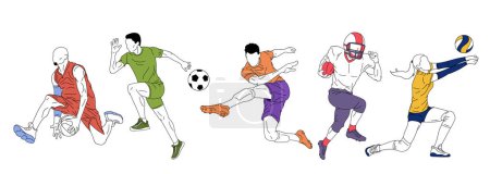 Illustration for Set of vector illustrations. People, sportsmen training over white background. Basketball, football, soccer, volleyball and running athletes. Concept of sport, team game, competition, action, motion - Royalty Free Image
