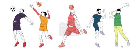 Illustration for Set of vector illustrations. People, sportsmen training over white background. Basketball, football, soccer, volleyball and golf athletes. Concept of sport, team game, competition, action, motion - Royalty Free Image