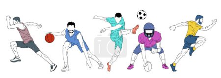 Illustration for Set of vector illustrations. People, sportsmen training over white background. Basketball, football, soccer and running athletes. Concept of sport, team game, success, competition, action, motion - Royalty Free Image