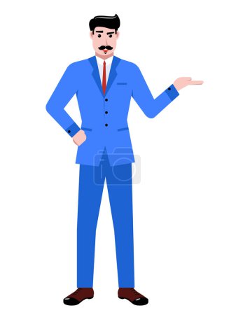 Illustration for Businessman in blue suit standing, showing gesture with hand isolated on white background. Presentation, ad. Concept of business, career development, ambitions, innovative strategy. Copy space for ad - Royalty Free Image