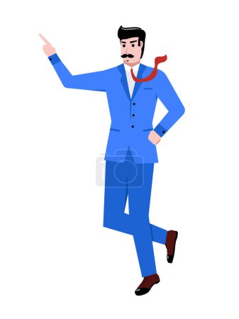 Téléchargez les illustrations : Businessman in blue suit standing, pointing with hand isolated over white background. Presentation. Concept of business, career development, ambitions, innovative strategy. Copy space for ad - en licence libre de droit