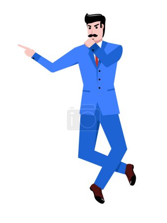 Illustration for Businessman in blue suit standing, pointing with serious thoughtful look isolated over white background. Concept of business, career development, ambitions, innovative strategy. Copy space for ad - Royalty Free Image