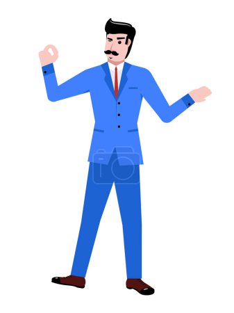 Illustration for Businessman in blue suit standing with serious look isolated over white background. Concept of business, career development, ambitions, innovative strategy. Copy space for ad - Royalty Free Image