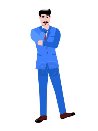 Illustration for Businessman in blue suit standing with serious thoughtful look isolated over white background. Concept of business, career development, ambitions, innovative strategy. Copy space for ad - Royalty Free Image
