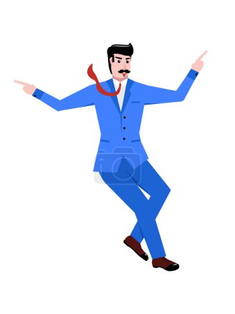 Illustration for Businessman in blue suit standing, showing different directions with hands isolated over white background. Concept of business, career development, ambitions, innovative strategy. Copy space for ad - Royalty Free Image
