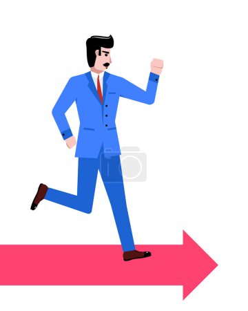 Illustration for Businessman in blue suit running on arrow with blank space for text isolated over white background. Concept of business, career development, ambitions, innovative strategy. Copy space for ad - Royalty Free Image