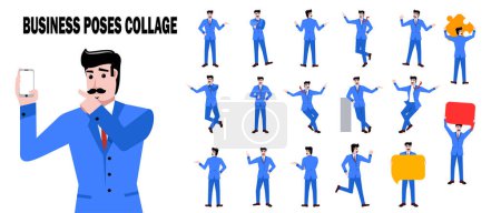 Ilustración de Collage of business process. Businessman in blue suit standing isolated over white background. Concept of business, career development, ambitions, innovative strategy. Copy space for ad - Imagen libre de derechos