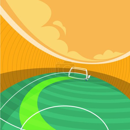 Ilustración de Diseño colorido con en el estadio de fútbol estilo dibujos animados con atleta de pie cerca de gol y patadas pelota. Elementos dibujados. Evento deportivo, competición, torneo, concepto de juego. Arte colorido creativo. Cartel - Imagen libre de derechos