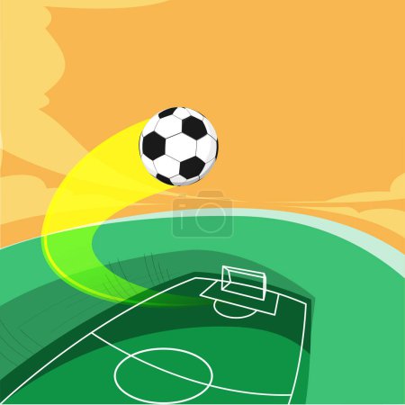 Illustration for Stylized soccer ball soaring over field towards goal. Dynamics, action. Promotional image for soccer tournament broadcast. Concept of sport event, competition, game. Creative colorful design. poster - Royalty Free Image