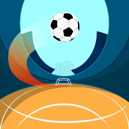 Illustration for Soccer ball in motion, flying over field towards goal. Dynamics, action. Promotional image for soccer tournament broadcast. Concept of sport event, competition, game. Creative colorful design. poster - Royalty Free Image