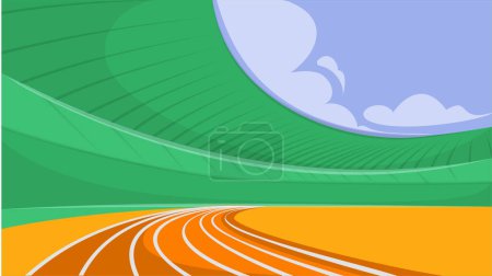 Ilustración de Vista abstracta de una pista atlética curva. Arte colorido estilo de dibujos animados. Maratón. Concepto de evento deportivo, competición, torneo, juego. Diseño colorido creativo. póster - Imagen libre de derechos