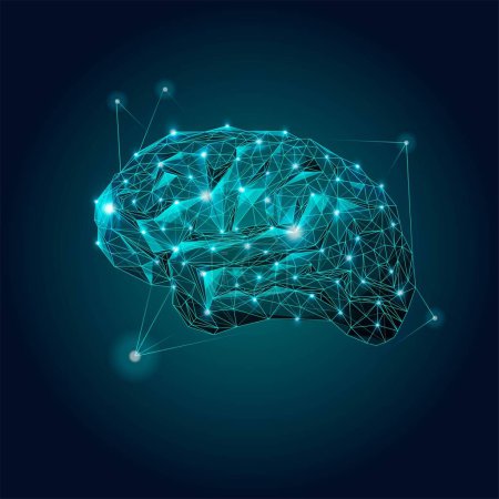 Ilustración de Cerebro humano Wireframe con nodos conectados sobre fondo azul profundo. Gráfico para documental sobre inteligencia artificial y cognición humana. Concepto de tecnologías modernas, innovación - Imagen libre de derechos