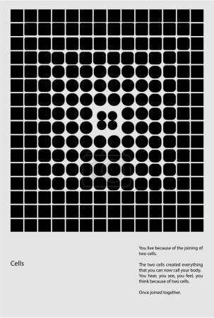 Téléchargez les illustrations : Abstrait cercles noirs en formation de grille avec texte sur le rôle fondamental des cellules dans la vie. Esthétique moderne, art minimaliste. Graphique pour le site de santé et de bien-être sur la sensibilisation du corps. - en licence libre de droit